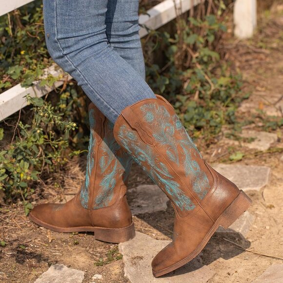 ⚡Women's Dark Brown Square Toe Floral Cowgirl Boots Fashion Western Pull On - Picture 8 of 8